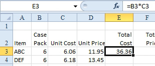 Press Enter and the formula becomes =B3*C3