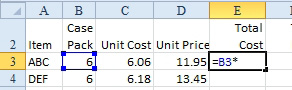 Type an asterisk to indicate multiplication. This locks in B3 to the formula, which now reads =B3*. At this point, focus returns to the active cell, or E3.