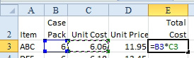 Press the left arrow twice and the formula reads =B3*C3.