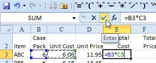 Click on the equals sign icon in the QAT. Click on B3. Click on the Multiply in the QAT. Click on C3. Click on the green checkmark to the left of the formula bar to accept the formula of =B3*C3.