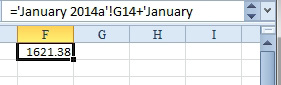 The formula bar is showing the first part of a formula ='January 2014a'!G14+'January.  This formula clearly is not complete, but there is no indication in the formula bar that there is more to the formula.