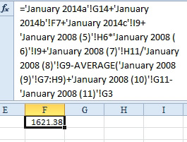 When you expand the formula bar, the entire formula goes on for seven lines, choosing individual cells from various worksheets.