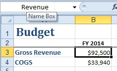 Click on the Gross Revenue number in B3. Click into the name box. Type Revenue and then press Enter.