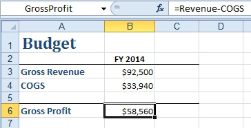 Is this formula easier to understand? Now on the Gross Profit cell in B6, the Name Box says GrossProfit. The formula bar shows =Revenue-COGS.