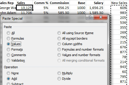 After copying the New Sales, select the first Sales number and Paste Special. Choose Values from the Paste section and Add from the Operation section. Other choices in the Operation section are None, Subtract, Multiply, and Divide.