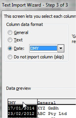 In Text to Columns step 3, you can choose a Date and specify the format is MDY or DMY or YMD. In this case, the data coming in uses European date format of 17/01/2014. By choosing DMY as the format, Excel will correctly interpret this as January 17, 2014.