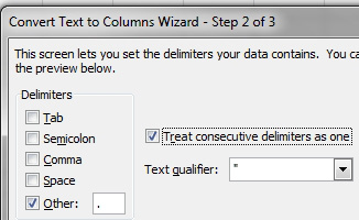 Rather than the convoluted steps shown above, choose Delimited as the type, a Period as the Delimiter, and check the box for Treat Consecutive Delimiters as One. This awesome trick will treat the .......... as a single delimiter.