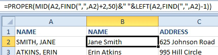 It is a convoluted formula, but it does successfully change SMITH, JANE in A2 to Jane Smith in B2.