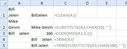 Bill Alt+Enter Jelen is CLEANED to BillJelen. Instead, you could use =SUBSTITUTE(A2,CHAR(10)," ") to replace the Alt+Enter with a space. In another example, TRIM is not removing spaces. You learn that what looks like a space is not character 32 but actually character 160 using =CODE(MID(A3,5,1)). To convert the Character 160 back to Character 32, use =TRIM(SUBSTITUTE(A3,CHAR(160))," "))