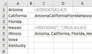 There are 7 state names in A1:A7. The new =CONCAT(A1:A7) returns a result without spaces: ArizonaCaliforniaFloridaHawaii. By using =TEXTJOIN(", ",True,A1:A7), you get comma space between each state.