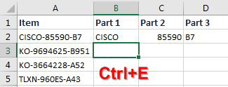 In Row 2, type the three sections of the part number from A2 into B2, C2, and D2. Go to the blank ceell in B3 and press Ctrl+E for Flash Fill.