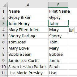 Column A has full names. I threw in every famous person I know with two first names: Jamie Lee Curtis, Sarah Jessica Parker, Lisa Marie Presley, and Mrs. Excel: Mary Ellen Jelen. Mixed in are other people with a single first name: Gypsy Biker, John Henry, Tom Joad, Mary Dove, Bobbie Jean. After typing Gypsy as the example and using Flash Fill, you get only the first word: Gypsy, John, Mary, Sherry, Tom, Mary, Bobbie, Jamie, Sarah, Lisa. Flash Fill is still active, waiting to see if you make a correction.