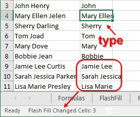 Make a correction in B4, typing Mary Ellen instead of Mary. When you press Enter, Excel reports that Flash Fill changed three other cells. The three actresses in B9:B11 now say Jamie Lee, Sarah Jessica, and Lisa Marie. 