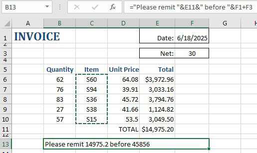 A formula is trying to create a message at the bottom of an invoice to remit the amount due by a due date. But the message shows the amount in a funny was of 14975.2 and the date as 45856.