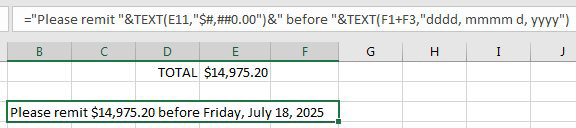 In the previous formula to concatenate a message, refer to E11 as TEXT(E11,"$#,##0.00") and refer to the due date as TEXT(F1+F3,"dddd, mmmm d, yyyy"). Now the message reads Please remit $14,975.20 before Friday, July 18, 2025.