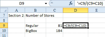 You type =C9/(C9+C10). You don't get the answer. You get the formula.