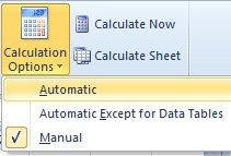 On the Formulas tab, open the Calculation Options drop-down and make sure it is set to Automatic. In this case, it is set to Manual.