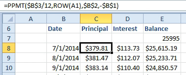 To eliminate the need to enter the month numbers 1 to 60, you can use ROW(A1) for the second argument in PPMT and IPMT