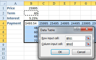 Choose Data, What-If Analysis, Data Table. For the Row Input cell, specify the price cell of $B$1. For the Column Input Cell, specify the Term of $B$2.