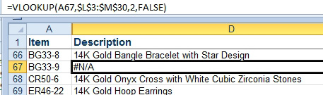 A VLOOKUP is looking for part BG33-9 and returns a #N/A error. This means that this item is missing from the table.