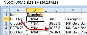 In this different example, none of the VLOOKUPs are working. In row 2, Excel says there is not a BG33-8 in the table. But a red arrow is pointing to BG33-8. Why can Excel not see the matching part number?