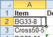 The BG33-8 in cell A2, now in edit mode. The flashing insertion point is a few spaces after the 8. This data has trailing spaces and those cause the VLOOKUP to not work.