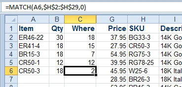 To lookup the price, the first step is to use MATCH to find where the part number is found.