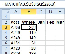 Add a Where column. Do =MATCH(A3,Q3:Q226,0) to find the row number associated with the account in A3.