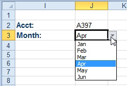 Data Validation boxes let you choose an Account in J2 and then a Month in J3.