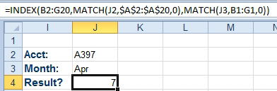 Combine the three formulas from the last figure into one formula with =INDEX(Answers,MATCH,MATCH)