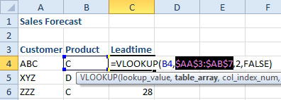 A lookup formula is using a table in AA3:AB7. Select just the table portion of the formula...