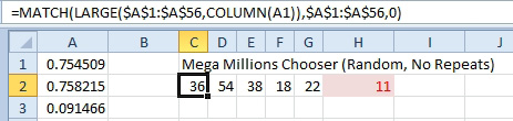 The formula uses MATCH, LARGE, and COLUMN to generate random numbers without repeats. 