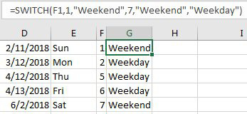 The new SWITCH function.  Dates in column D. Weekday name in E. The weekday number in F where 1=Sun, 2=Mon, up to 7=Weekday.  =SWITCH(F1,1,"Weekend",7,"Weekend","Weekday"). This lets you specify the condition for 1 and 7 as Weekend and let everything else become the Value_If_Other of Weekday.