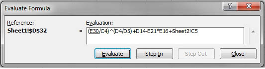 Select  a cell and click Evaluate Formula. The same formula that is in the formula bar appears but one part is underlined. The underline indicates this is what Excel will calculate next. Buttons at the bottom are Evaluate, Step In, Step Out, and Close. 