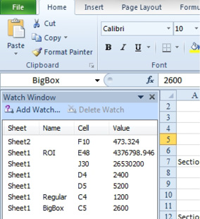 Columns in the Watch window include Sheet, Name, Cell, and Value. The Name column will reflect any named ranges that you've assigned.