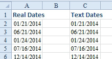 Two columns of dates. Other than the headings of "Real Dates" in A1 and "Text Dates" in C1, it is hard to tell which is which.