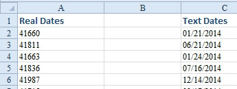 But if you choose Show Formulas mode, the text dates show as 41680. The Show Formulas will convert raal dates to their underlying serial numbers.