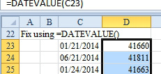 With text 01/21/2014 in C23, a formula of =DATEVALUE(C23) returns 41660. This is the serial number for a date. It just needs to be formatted as a date. 