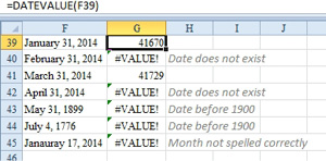 DATEVALUE returns a #VALUE error if your text is an invalid date, such as February 31 or if Janaauray is spelled wrong. 