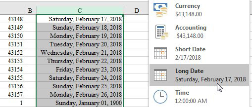 A column of numbers around 43000 formatted as dates will show dates in the 2018 era.