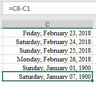 =C8-C1 is supposed to show 7 days have elapsed. But Excel formats the answer as date and it shows as January 7, 1900.