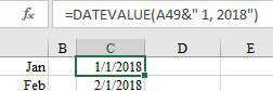 Column A contains month abbreviations: Jan, Feb, Mar, and so on to Dec. A formula in C converts it to a date in 2018 with =DATEVALUE(A49&" 1, 2018")