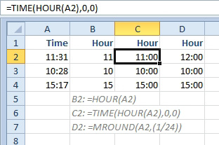 A2:A4 contain hours and minutes. To extract the hour from the time, use =HOUR(A2). To truncate the the previous hour, use =TIME(HOUR(A2),0,0). To round to the nearest hour, use =MROUND(A2,(1/24)). 