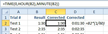 Say you have entered a long column of times as 1:30 instead of 0:01:30. You can correct the time in B2 with =TIME(0,HOUR(B2),MINUTE(B2)). Or: you can use =B2*(1/60)