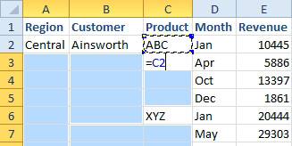 After Go To Special, Blanks, all of the blank cells in A:C are selected. Type an equals sign, then the up arrow. This builds a formula that points at the cell above. Follow this with Ctrl+Enter.