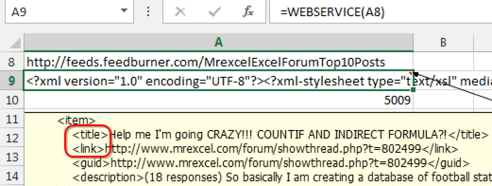 Use =WEBSERVICE( with the URL as the argument. The function returns some XML, including Title and Link. 