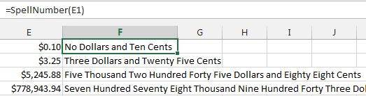 The SpellNumber function takes an amount and spells it out in words:  Three dollars and tenty five cents.