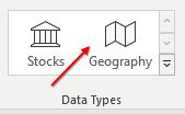 There are two data types in a gallery on the Data tab. Choose Geography from the gallery.