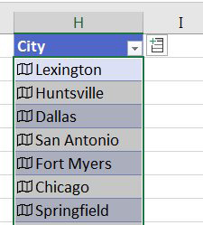 The text in the cells changes to Lexington and Dallas. But a map icon appears to the left of the entry.