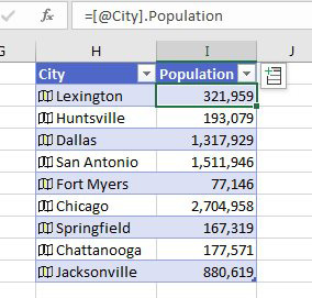 A formula of =H2.Population puts the population in cell I2. Or, if you have formatted the data as a table, the formula might be =[@City].Population.